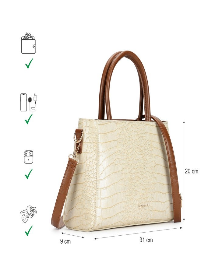 Fastrack Croco-Textured Satchel Bag for Women | Faux Leather Handbag with Zip Closure, Gold Hardware and Organiser Pockets | Elegant Structured Satchel for Work, Brunch and Daily Use - Image 4